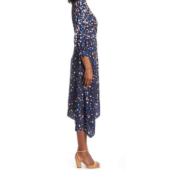 Eliza J Women Faux Wrap Multicolor Polka Dot Midi V Neck Fit & Flare Dress 8 New - Picture 2 of 10
